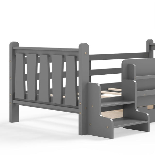 English Elm Twin Pine Wood Kids Floor Bed with Builtin Stairs Guardrails and Side Bookcases Gray W1580P497206