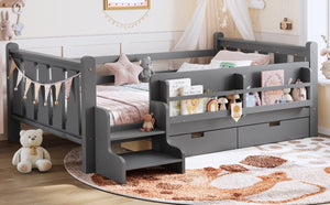 English Elm Twin Pine Wood Kids Floor Bed with Builtin Stairs Guardrails and Side Bookcases Gray W1580P497206
