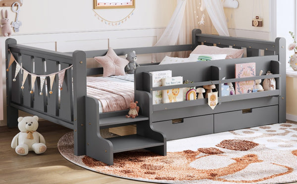 English Elm Twin Pine Wood Kids Floor Bed with Builtin Stairs Guardrails and Side Bookcases Gray W1580P497206