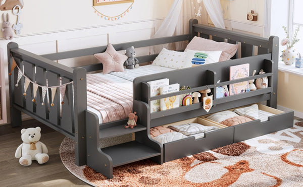 English Elm Twin Pine Wood Kids Floor Bed with Builtin Stairs Guardrails and Side Bookcases Gray W1580P497206