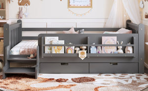 English Elm Twin Pine Wood Kids Floor Bed with Builtin Stairs Guardrails and Side Bookcases Gray W1580P497206