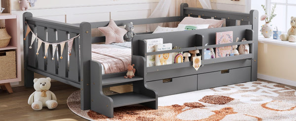 English Elm Twin Pine Wood Kids Floor Bed with Builtin Stairs Guardrails and Side Bookcases Gray W1580P497206