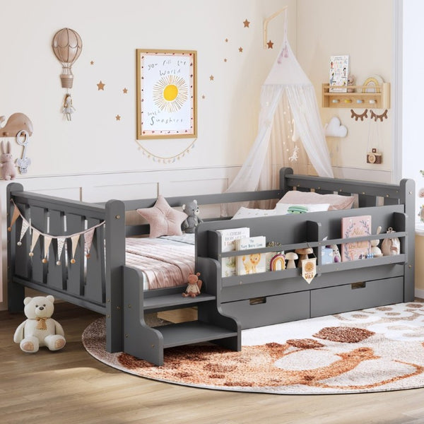 English Elm Twin Pine Wood Kids Floor Bed with Builtin Stairs Guardrails and Side Bookcases Gray W1580P497206