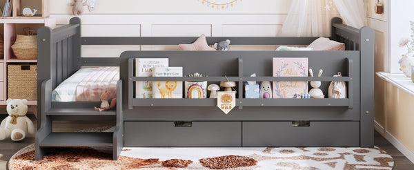 English Elm Twin Pine Wood Kids Floor Bed with Builtin Stairs Guardrails and Side Bookcases Gray W1580P497206