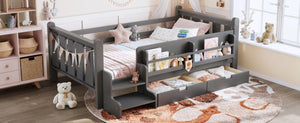 English Elm Twin Pine Wood Kids Floor Bed with Builtin Stairs Guardrails and Side Bookcases Gray W1580P497206