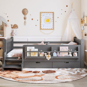 English Elm Twin Pine Wood Kids Floor Bed with Builtin Stairs Guardrails and Side Bookcases Gray W1580P497206