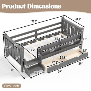 English Elm Twin Pine Wood Kids Floor Bed with Builtin Stairs Guardrails and Side Bookcases Gray W1580P497206