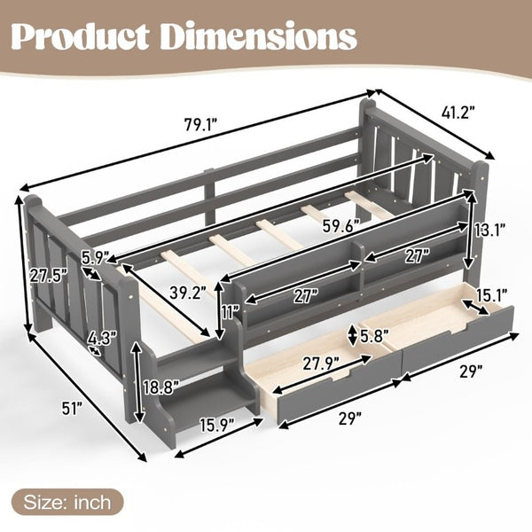 English Elm Twin Pine Wood Kids Floor Bed with Builtin Stairs Guardrails and Side Bookcases Gray W1580P497206