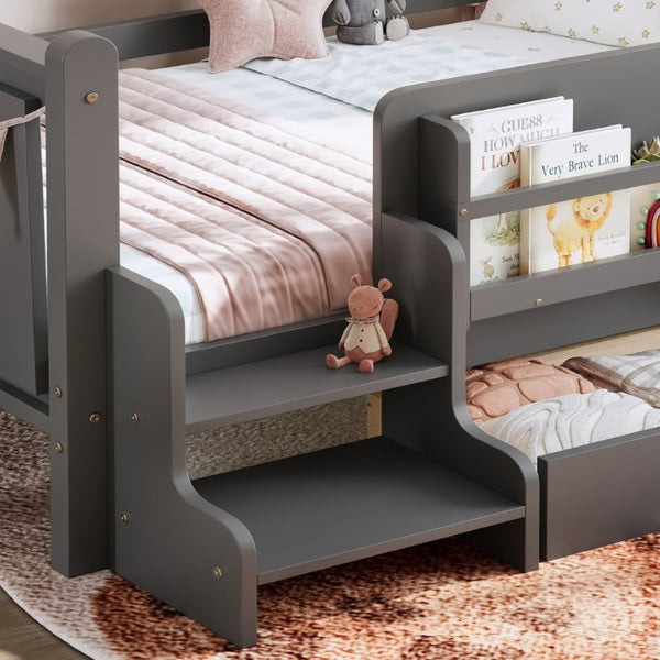 English Elm Twin Pine Wood Kids Floor Bed with Builtin Stairs Guardrails and Side Bookcases Gray W1580P497206