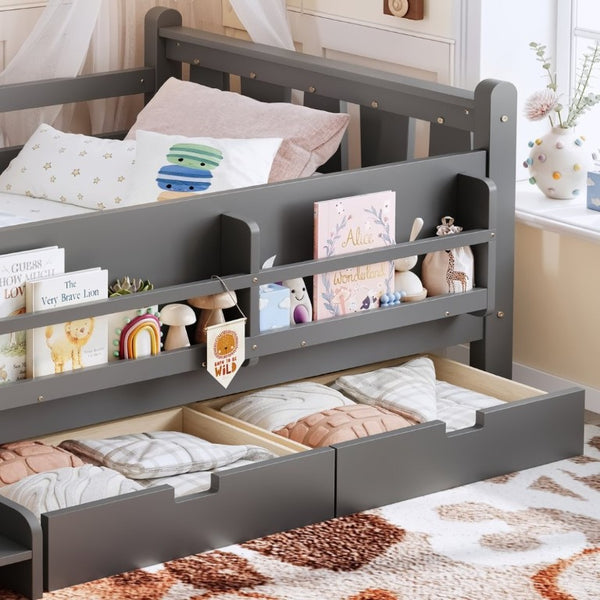 English Elm Twin Pine Wood Kids Floor Bed with Builtin Stairs Guardrails and Side Bookcases Gray W1580P497206
