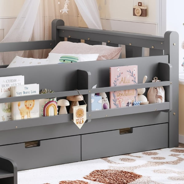 English Elm Twin Pine Wood Kids Floor Bed with Builtin Stairs Guardrails and Side Bookcases Gray W1580P497206
