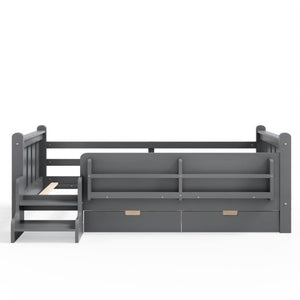 English Elm Twin Pine Wood Kids Floor Bed with Builtin Stairs Guardrails and Side Bookcases Gray W1580P497206