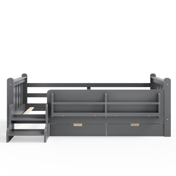 English Elm Twin Pine Wood Kids Floor Bed with Builtin Stairs Guardrails and Side Bookcases Gray W1580P497206