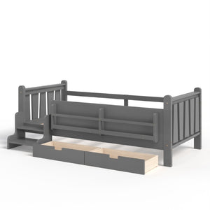 English Elm Twin Pine Wood Kids Floor Bed with Builtin Stairs Guardrails and Side Bookcases Gray W1580P497206