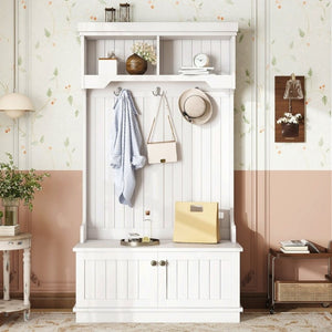 English Elm Hall Tree Entryway Organizer with Bench Hooks Cabinet and Open Display Shelf White W1580P501332