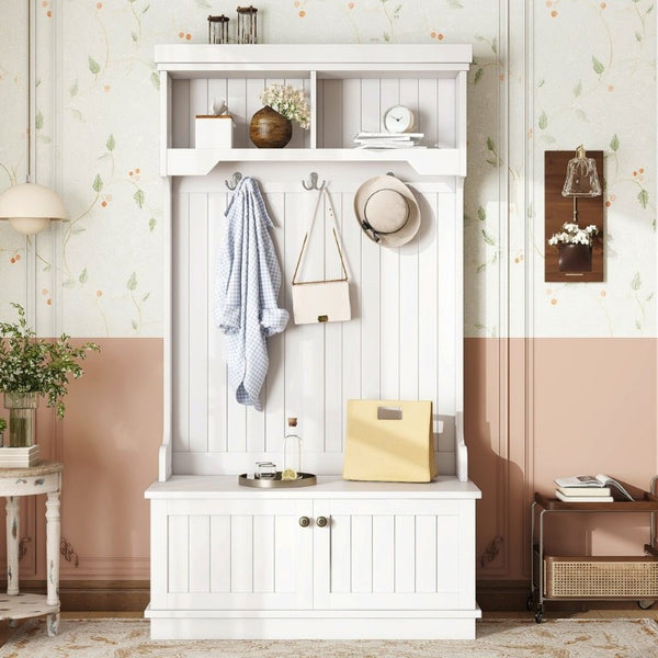 English Elm Hall Tree Entryway Organizer with Bench Hooks Cabinet and Open Display Shelf White W1580P501332