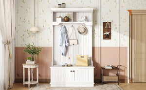 English Elm Hall Tree Entryway Organizer with Bench Hooks Cabinet and Open Display Shelf White W1580P501332