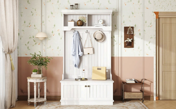 English Elm Hall Tree Entryway Organizer with Bench Hooks Cabinet and Open Display Shelf White W1580P501332