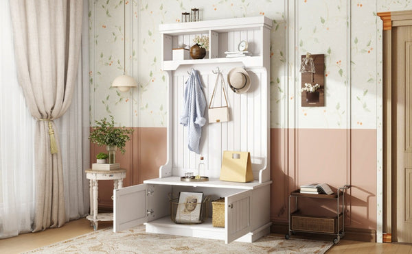 English Elm Hall Tree Entryway Organizer with Bench Hooks Cabinet and Open Display Shelf White W1580P501332