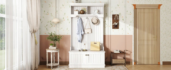 English Elm Hall Tree Entryway Organizer with Bench Hooks Cabinet and Open Display Shelf White W1580P501332