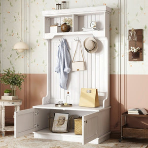 English Elm Hall Tree Entryway Organizer with Bench Hooks Cabinet and Open Display Shelf White W1580P501332