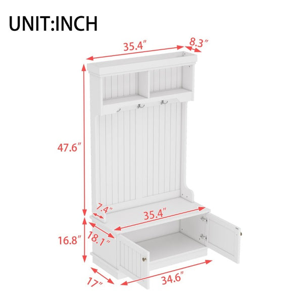 English Elm Hall Tree Entryway Organizer with Bench Hooks Cabinet and Open Display Shelf White W1580P501332