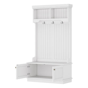 English Elm Hall Tree Entryway Organizer with Bench Hooks Cabinet and Open Display Shelf White W1580P501332