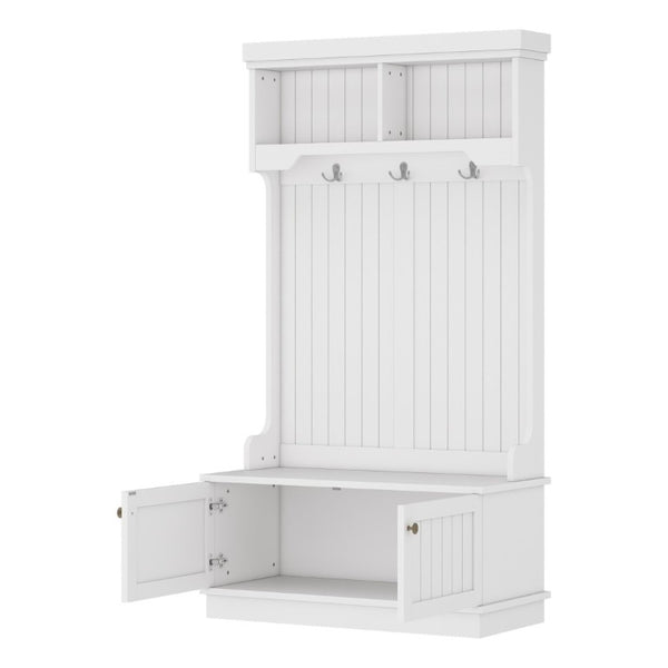 English Elm Hall Tree Entryway Organizer with Bench Hooks Cabinet and Open Display Shelf White W1580P501332