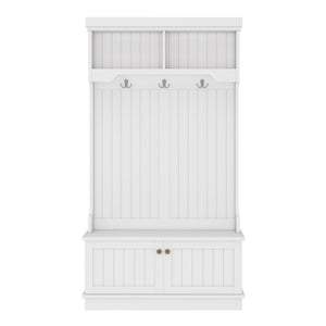 English Elm Hall Tree Entryway Organizer with Bench Hooks Cabinet and Open Display Shelf White W1580P501332