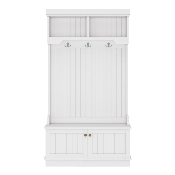 English Elm Hall Tree Entryway Organizer with Bench Hooks Cabinet and Open Display Shelf White W1580P501332