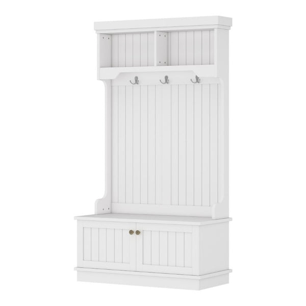 English Elm Hall Tree Entryway Organizer with Bench Hooks Cabinet and Open Display Shelf White W1580P501332