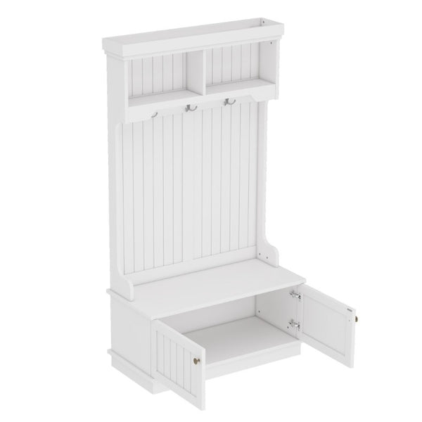 English Elm Hall Tree Entryway Organizer with Bench Hooks Cabinet and Open Display Shelf White W1580P501332