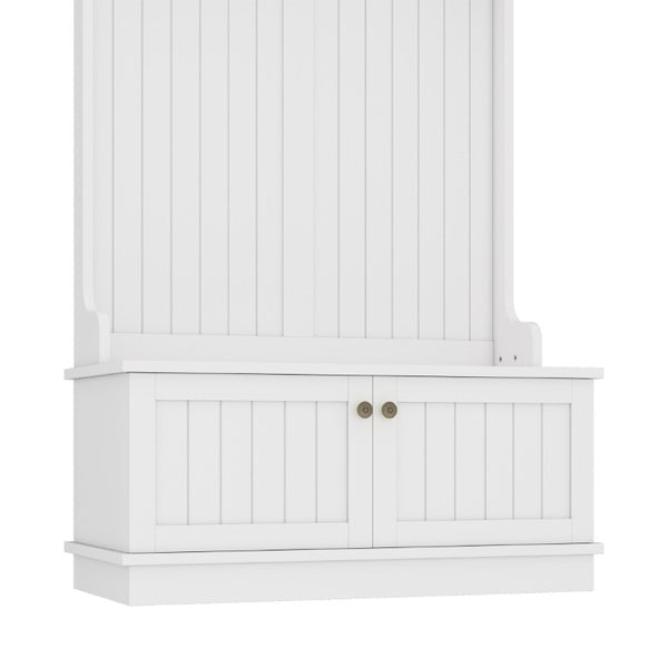 English Elm Hall Tree Entryway Organizer with Bench Hooks Cabinet and Open Display Shelf White W1580P501332