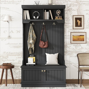 English Elm Hall Tree Entryway Organizer with Bench Hooks Cabinet and Open Display Shelf Black W1580P501334