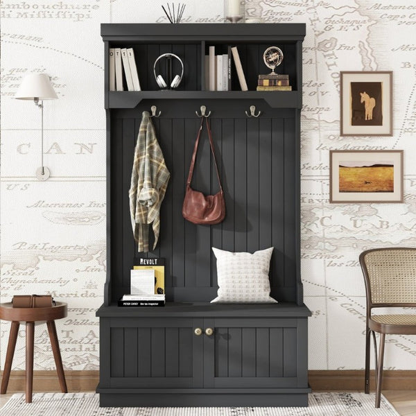 English Elm Hall Tree Entryway Organizer with Bench Hooks Cabinet and Open Display Shelf Black W1580P501334