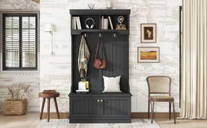 English Elm Hall Tree Entryway Organizer with Bench Hooks Cabinet and Open Display Shelf Black W1580P501334