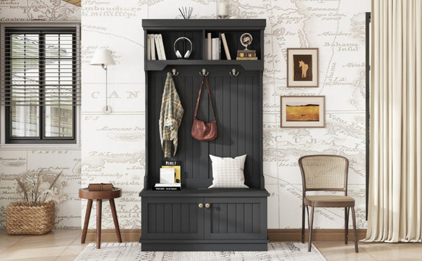 English Elm Hall Tree Entryway Organizer with Bench Hooks Cabinet and Open Display Shelf Black W1580P501334