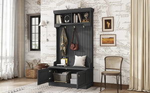 English Elm Hall Tree Entryway Organizer with Bench Hooks Cabinet and Open Display Shelf Black W1580P501334