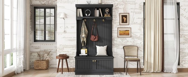 English Elm Hall Tree Entryway Organizer with Bench Hooks Cabinet and Open Display Shelf Black W1580P501334