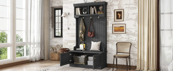 English Elm Hall Tree Entryway Organizer with Bench Hooks Cabinet and Open Display Shelf Black W1580P501334