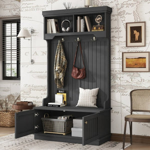 English Elm Hall Tree Entryway Organizer with Bench Hooks Cabinet and Open Display Shelf Black W1580P501334