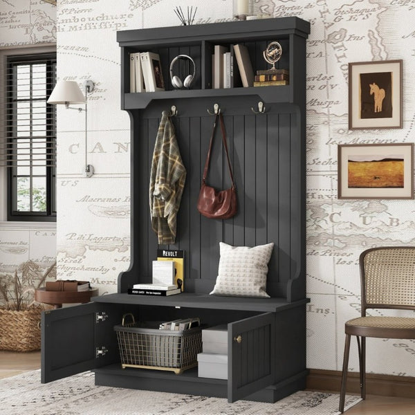 English Elm Hall Tree Entryway Organizer with Bench Hooks Cabinet and Open Display Shelf Black W1580P501334