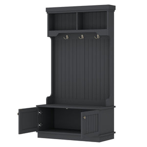 English Elm Hall Tree Entryway Organizer with Bench Hooks Cabinet and Open Display Shelf Black W1580P501334