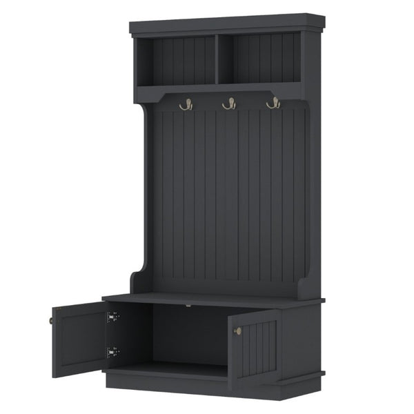 English Elm Hall Tree Entryway Organizer with Bench Hooks Cabinet and Open Display Shelf Black W1580P501334
