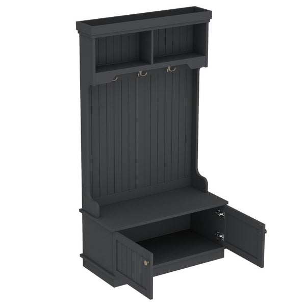 English Elm Hall Tree Entryway Organizer with Bench Hooks Cabinet and Open Display Shelf Black W1580P501334