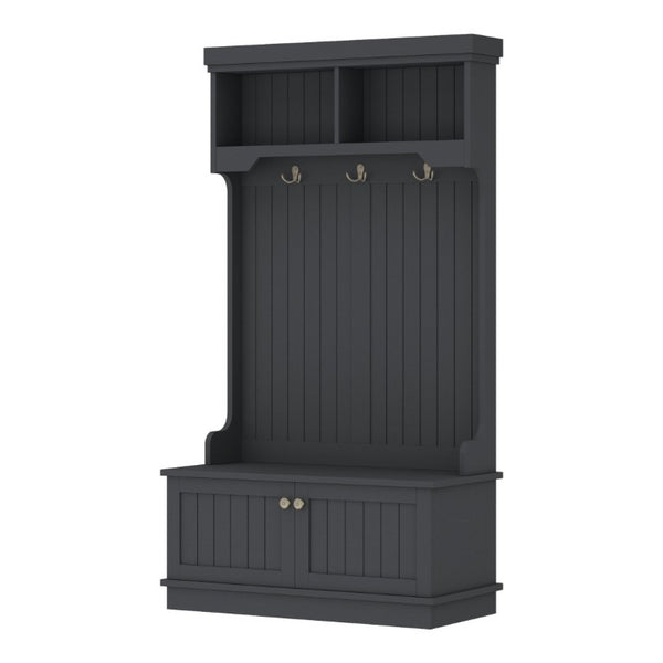 English Elm Hall Tree Entryway Organizer with Bench Hooks Cabinet and Open Display Shelf Black W1580P501334