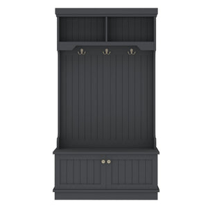 English Elm Hall Tree Entryway Organizer with Bench Hooks Cabinet and Open Display Shelf Black W1580P501334