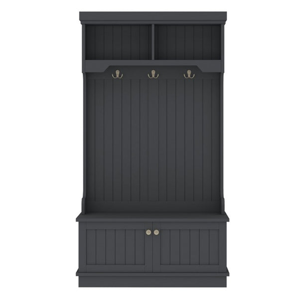 English Elm Hall Tree Entryway Organizer with Bench Hooks Cabinet and Open Display Shelf Black W1580P501334