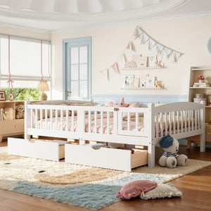 English Elm Full Kids Platform Bed with Guardrails Storage Drawers Pine Wood White Finish W1580P534503
