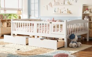English Elm Full Kids Platform Bed with Guardrails Storage Drawers Pine Wood White Finish W1580P534503
